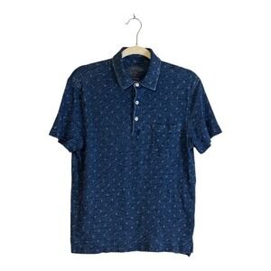 Wallace & Barnes Polo Shirt Blue M Mens Anchor Print Indigo‎ Short Sleeve Pocket